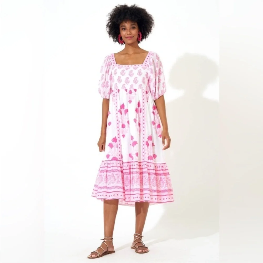 Tuckernuck Oliphant Puff Sleeve Midi Dress in Jaipur Pink & White NWT Size XS - Picture 3 of 14